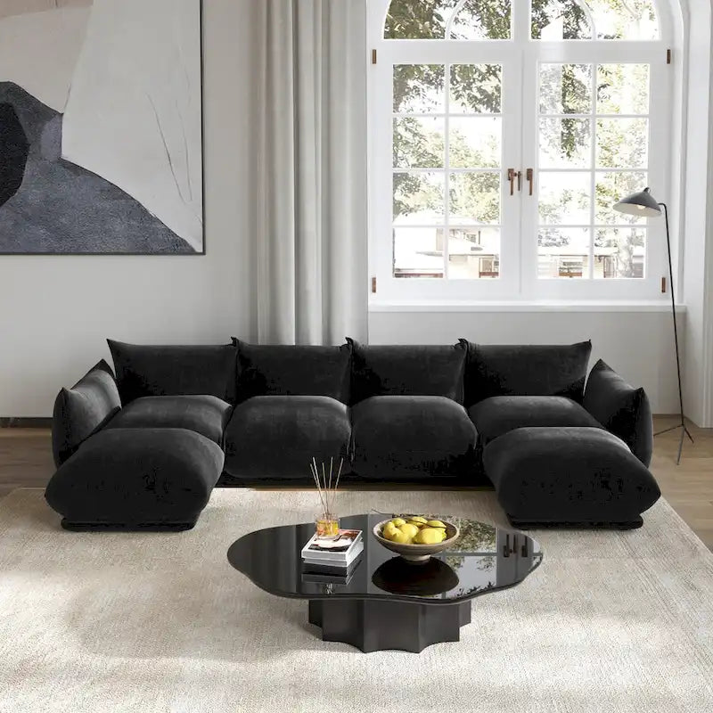 Divano componibile a L, divani modulari in ciniglia minimalisti con pouf