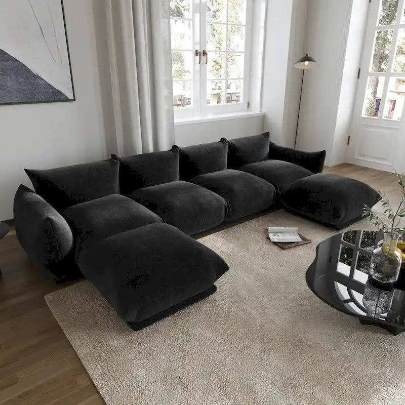 Divano componibile a L, divani modulari in ciniglia minimalisti con pouf