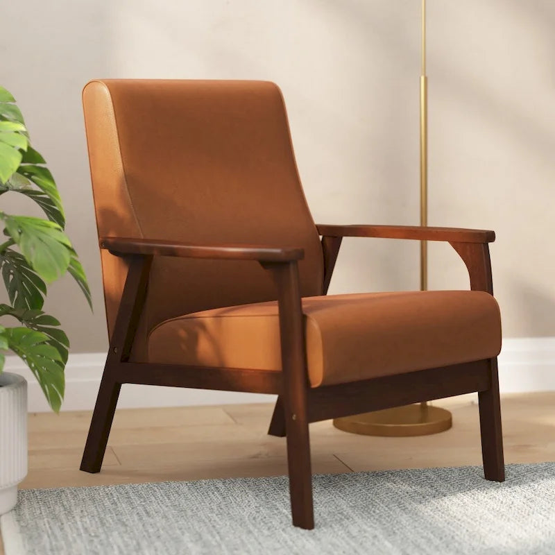 Poltrona Mid-Century Moderna con Struttura in Legno e Cuscini in Ecopelle