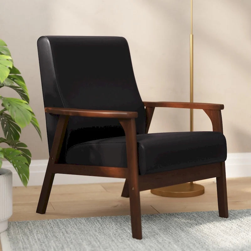 Poltrona Mid-Century Moderna con Struttura in Legno e Cuscini in Ecopelle