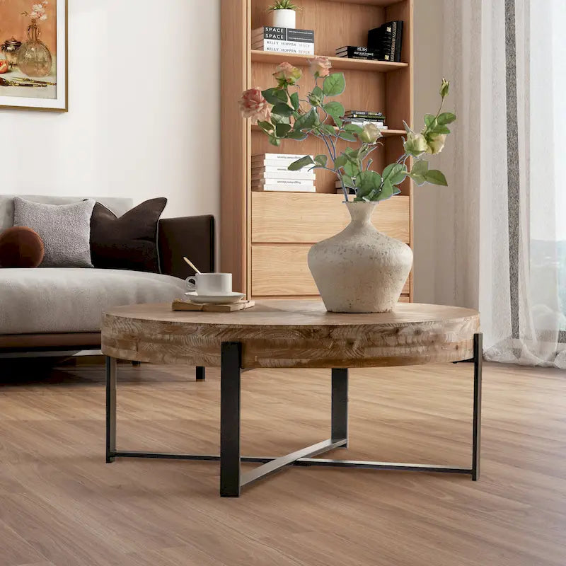 Tavolino rotondo 31W con piano in legno di abete e struttura in metallo