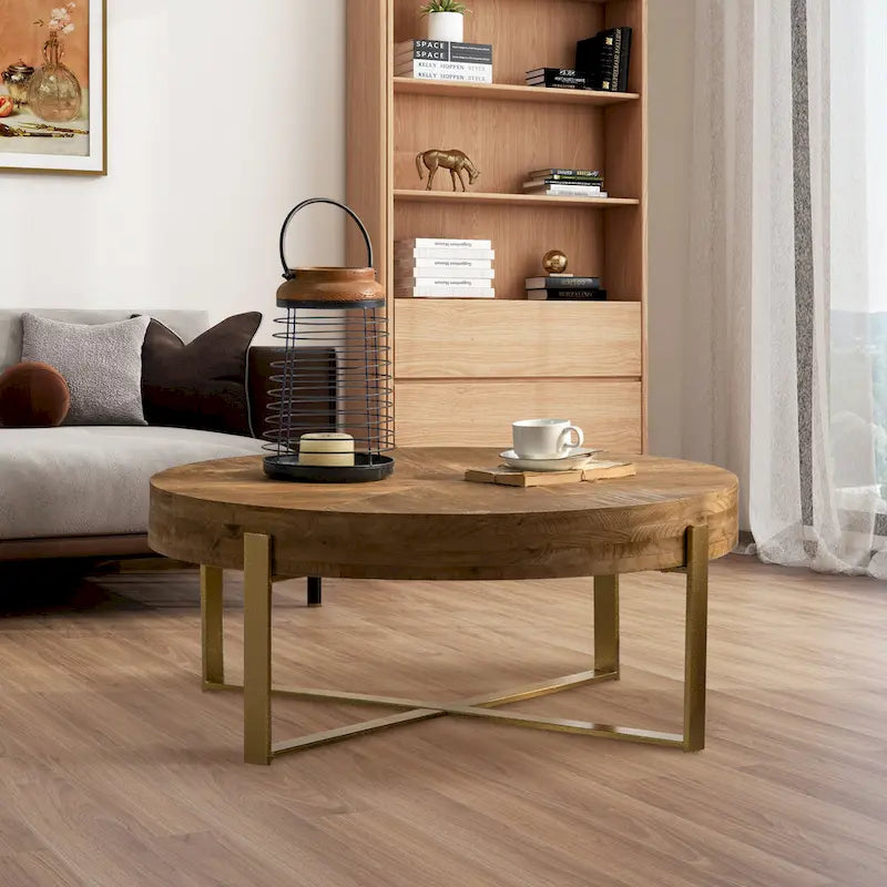 Tavolino rotondo 31W con piano in legno di abete e struttura in metallo