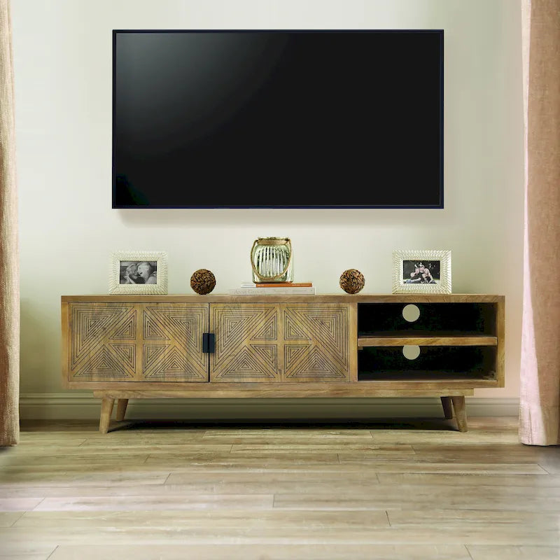 Mobile TV Bidi Mid-Century Modern da 56 pollici in Legno con 2 Ripiani Aperti di Furniture of America