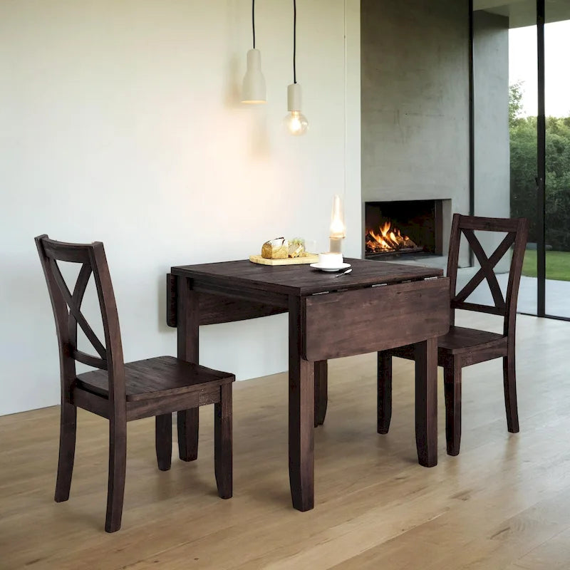 Set da Tavolo da Pranzo 3 Pezzi in Legno con Piano Ribaltabile e 2 Sedie a X per Piccoli Spazi