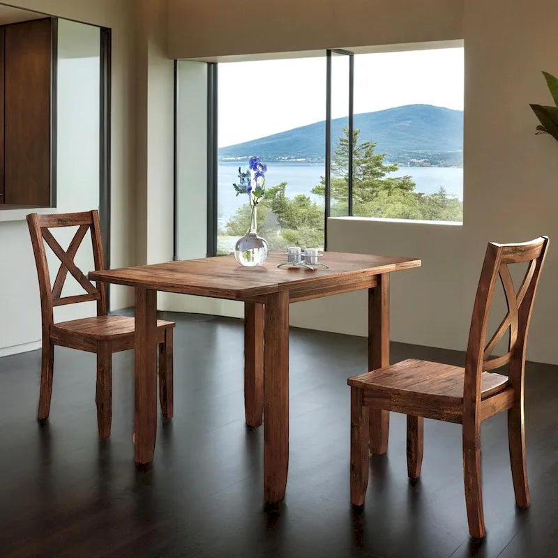 Set da Tavolo da Pranzo 3 Pezzi in Legno con Piano Ribaltabile e 2 Sedie a X per Piccoli Spazi