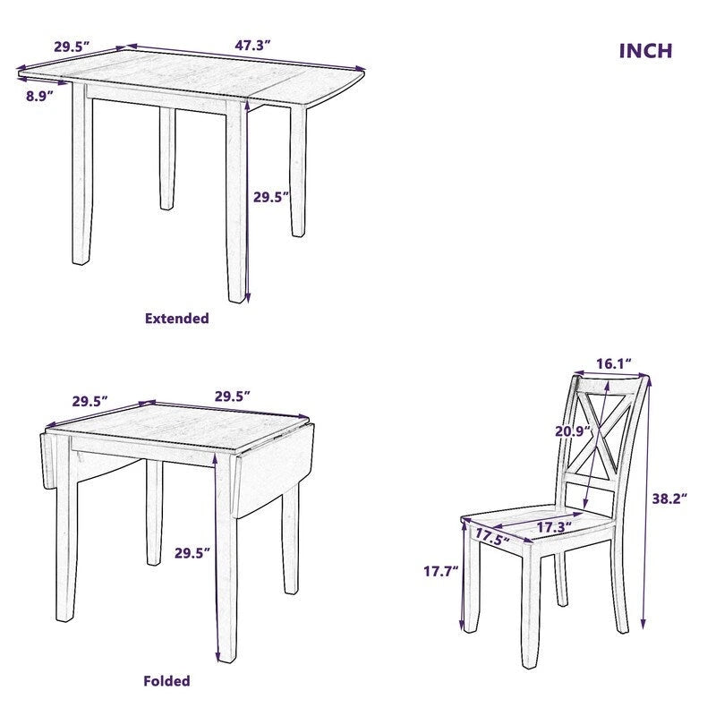 Set da Tavolo da Pranzo 3 Pezzi in Legno con Piano Ribaltabile e 2 Sedie a X per Piccoli Spazi