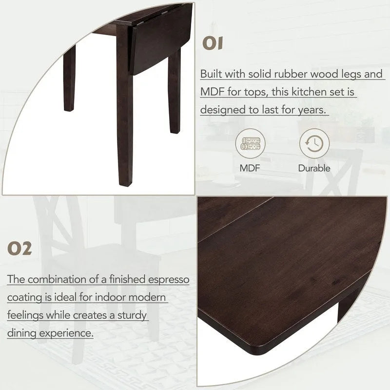 Set da Tavolo da Pranzo 3 Pezzi in Legno con Piano Ribaltabile e 2 Sedie a X per Piccoli Spazi