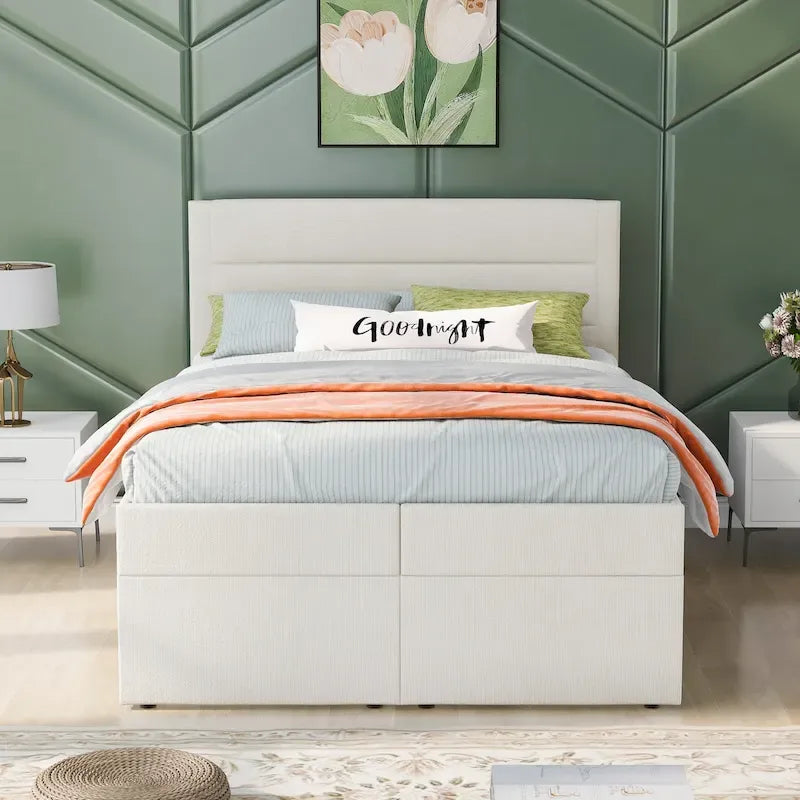 Letto a piattaforma imbottito di dimensioni standard con contenitore sottostante