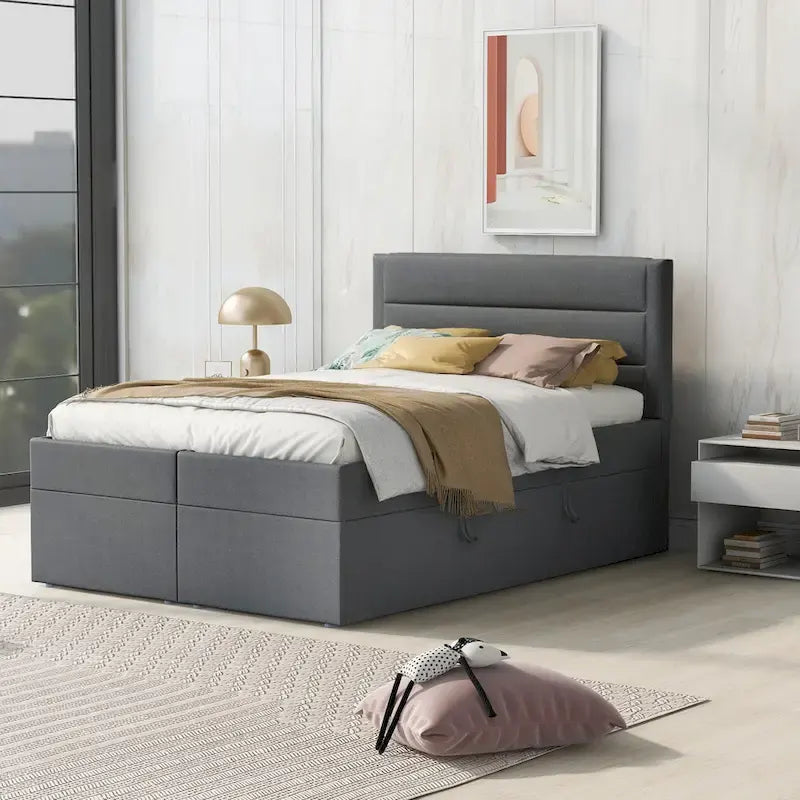 Letto a piattaforma imbottito di dimensioni standard con contenitore sottostante
