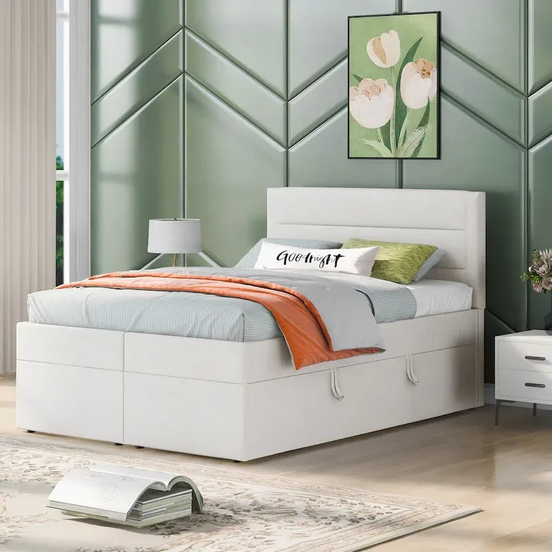 Letto a piattaforma imbottito di dimensioni standard con contenitore sottostante