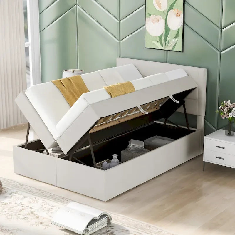 Letto a piattaforma imbottito di dimensioni standard con contenitore sottostante