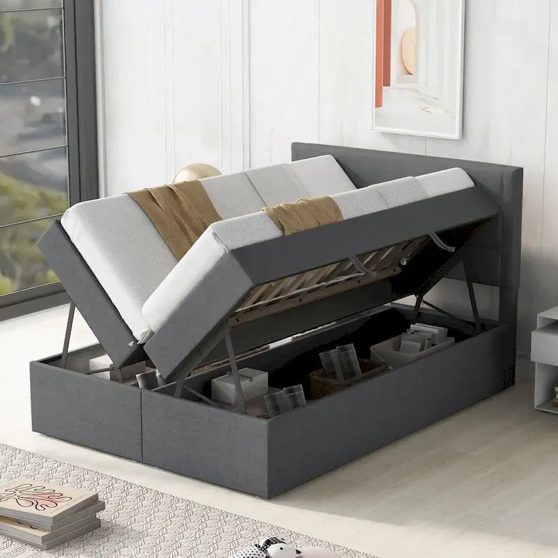 Letto a piattaforma imbottito di dimensioni standard con contenitore sottostante