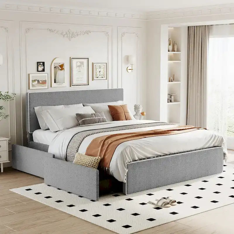 Letto imbottito con piattaforma, 4 cassetti e bordo dorato