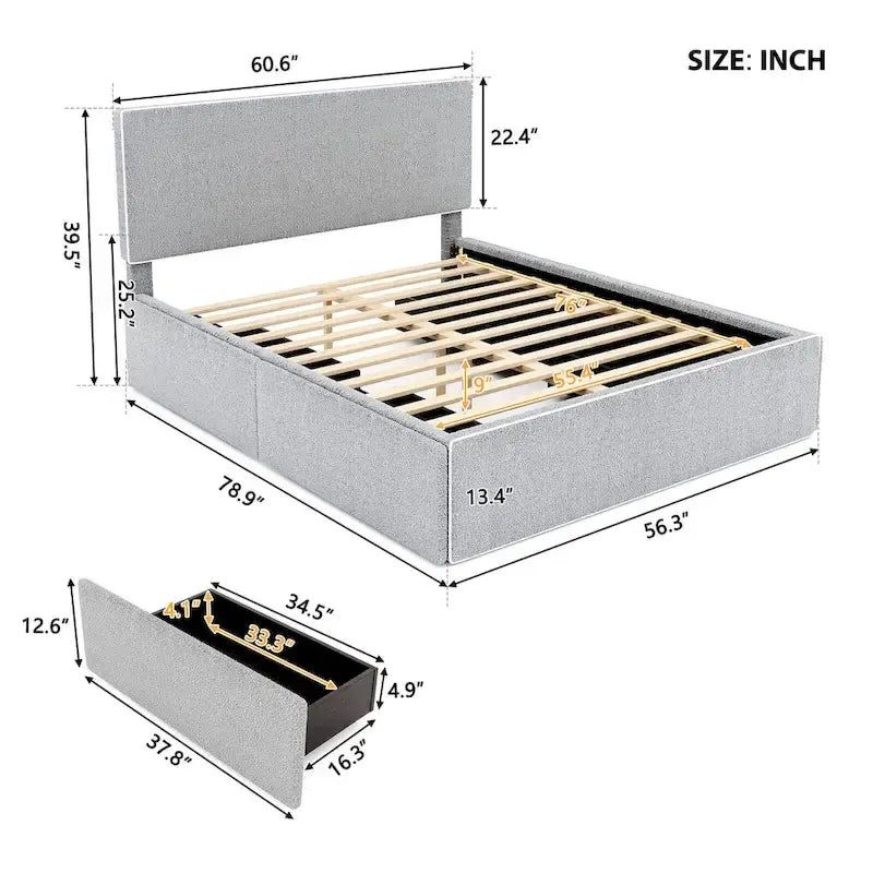 Letto imbottito con piattaforma, 4 cassetti e bordo dorato