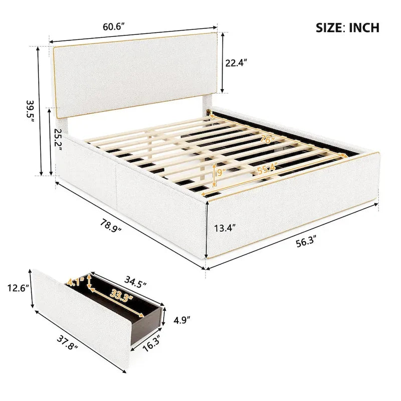 Letto imbottito con piattaforma, 4 cassetti e bordo dorato