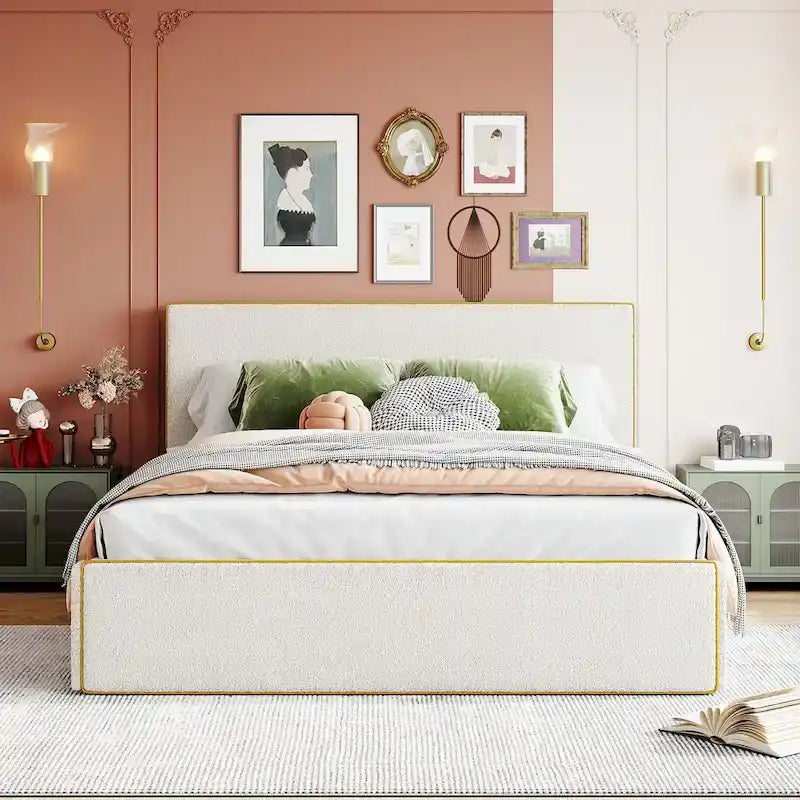 Letto imbottito con piattaforma, 4 cassetti e bordo dorato
