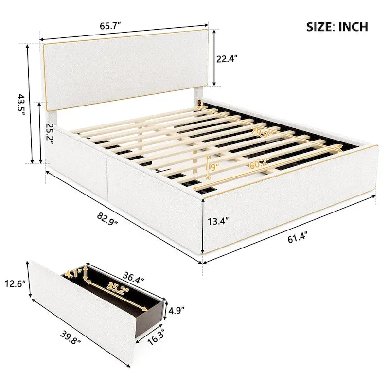 Letto imbottito con piattaforma, 4 cassetti e bordo dorato