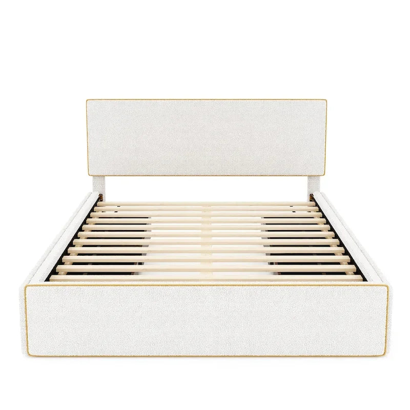 Letto imbottito con piattaforma, 4 cassetti e bordo dorato