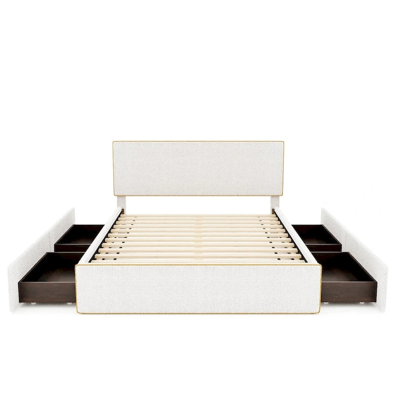 Letto imbottito con piattaforma, 4 cassetti e bordo dorato