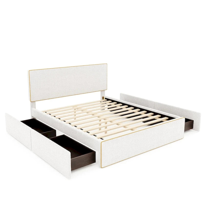 Letto imbottito con piattaforma, 4 cassetti e bordo dorato