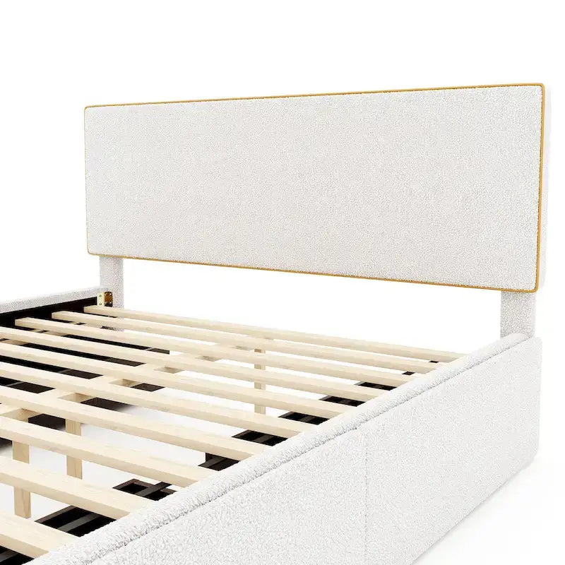 Letto imbottito con piattaforma, 4 cassetti e bordo dorato