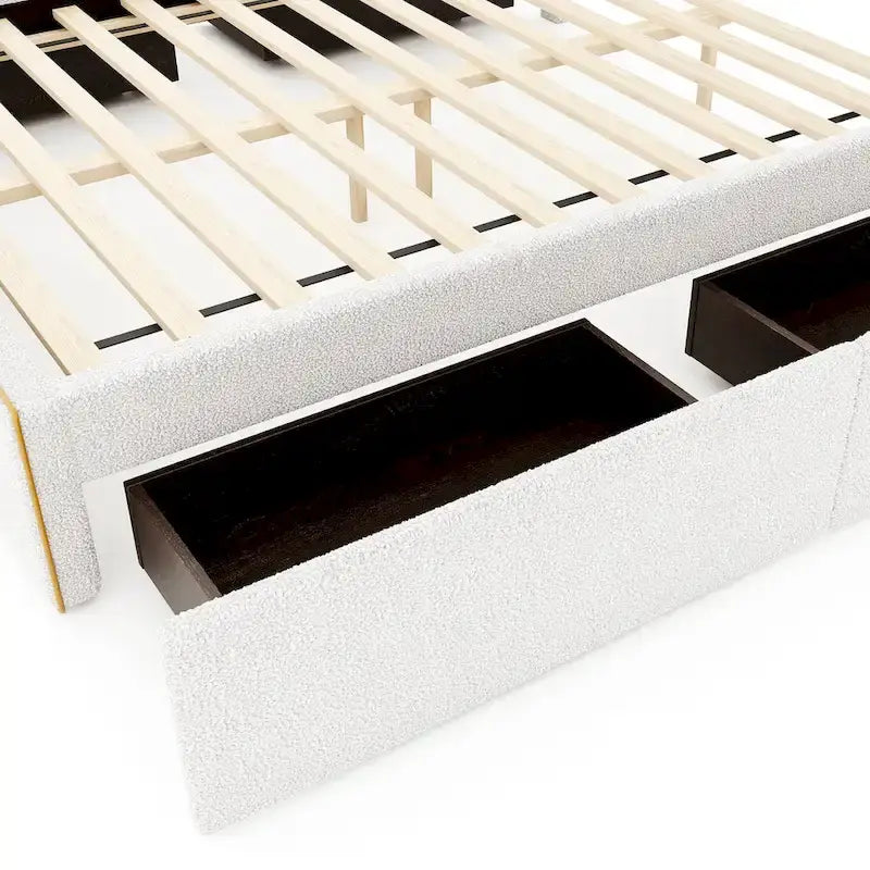 Letto imbottito con piattaforma, 4 cassetti e bordo dorato