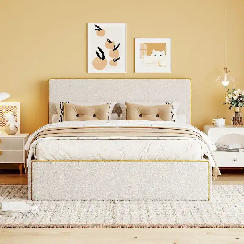 Letto imbottito con piattaforma, 4 cassetti e bordo dorato