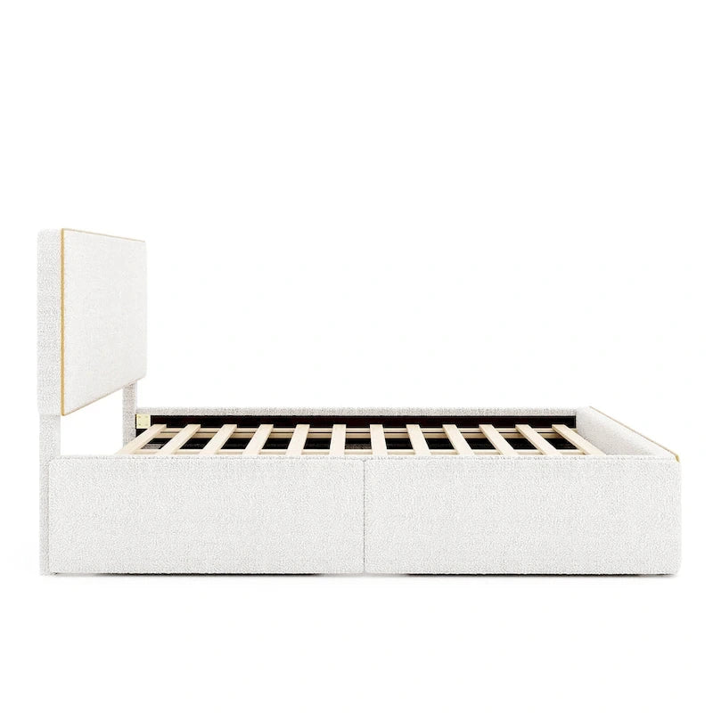 Letto imbottito con piattaforma, 4 cassetti e bordo dorato