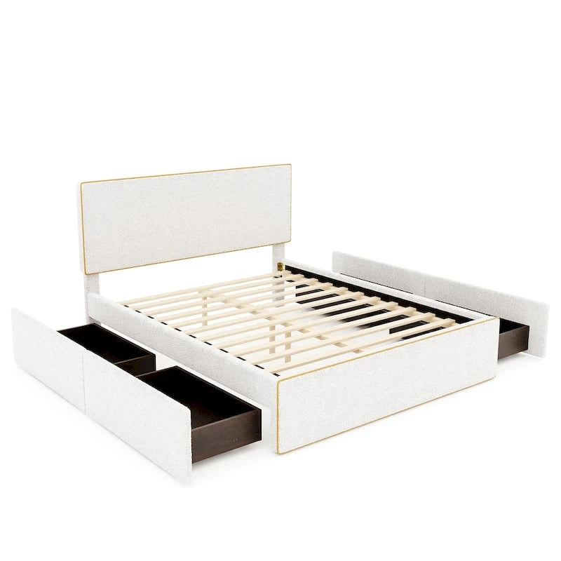 Letto imbottito con piattaforma, 4 cassetti e bordo dorato