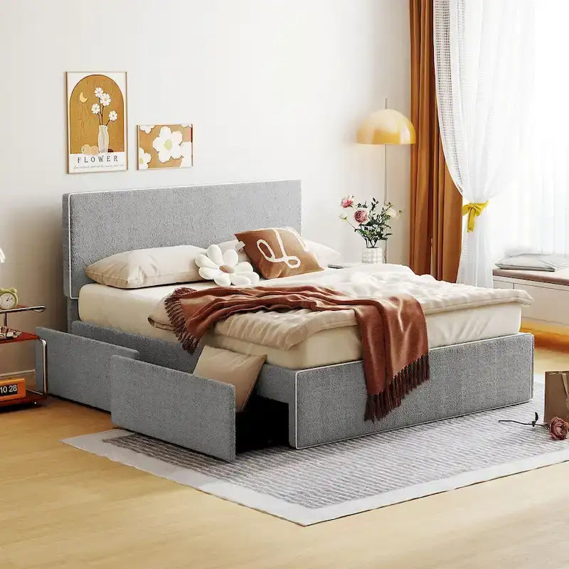 Letto imbottito con piattaforma, 4 cassetti e bordo dorato