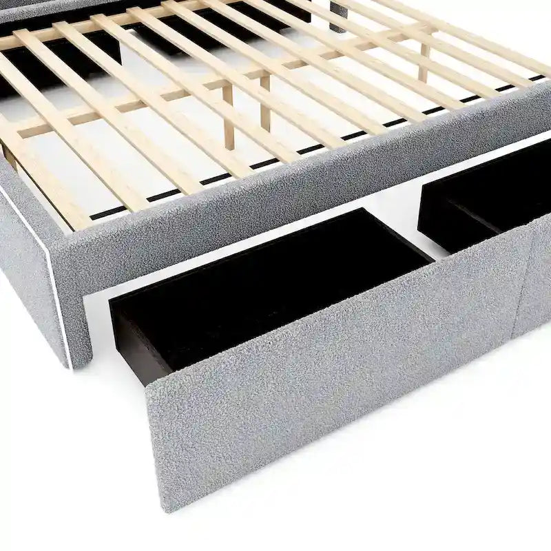 Letto imbottito con piattaforma, 4 cassetti e bordo dorato