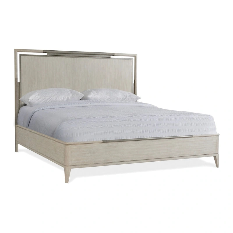 Set Camera da Letto in Legno Massello Mantalia Roundhill Furniture, Letto a Pannelli, Cassettiera, Specchio, 2 Comodini e Panca, Champagne