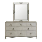 Set Camera da Letto in Legno Massello Mantalia Roundhill Furniture, Letto a Pannelli, Cassettiera, Specchio, 2 Comodini e Panca, Champagne