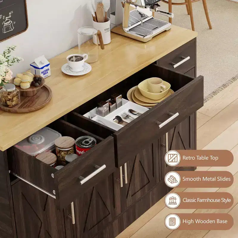 Mobile Buffet Celebalcony con Contenitore, Grande Mobile Contenitore da Cucina da 53,4 pollici con 3 Cassetti e 4 Ante, Ripiano Regolabile per Cucina, Soggiorno