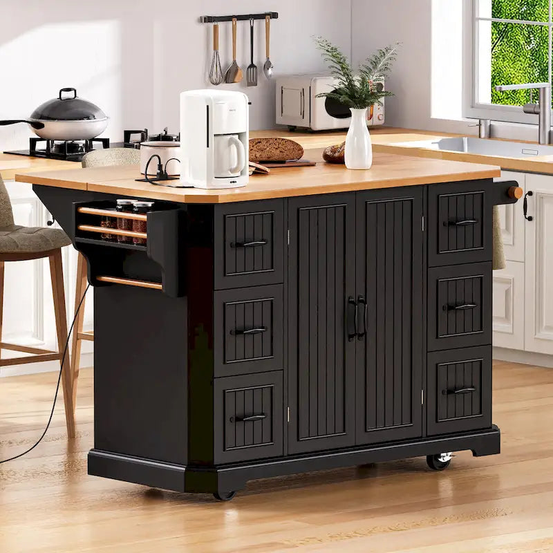 Isola Cucina Espandibile con Ante a Scomparsa, Carrello Cucina su 4 Ruote con Presa Elettrica, Tavolo Isola Mobile con 2 Ante e 6 Cassetti