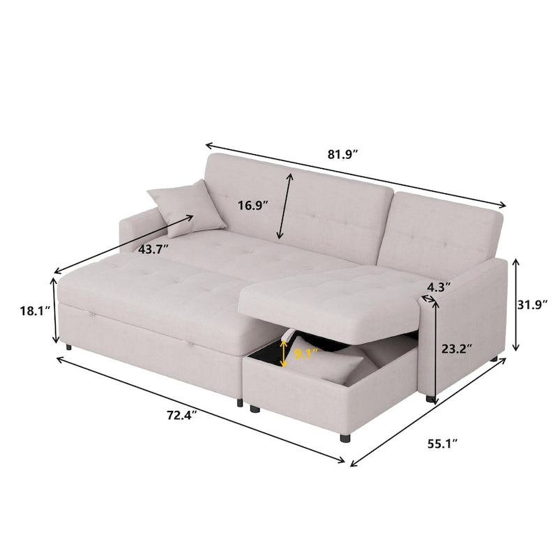 Divano letto e chaise longue reversibili ampi 82"