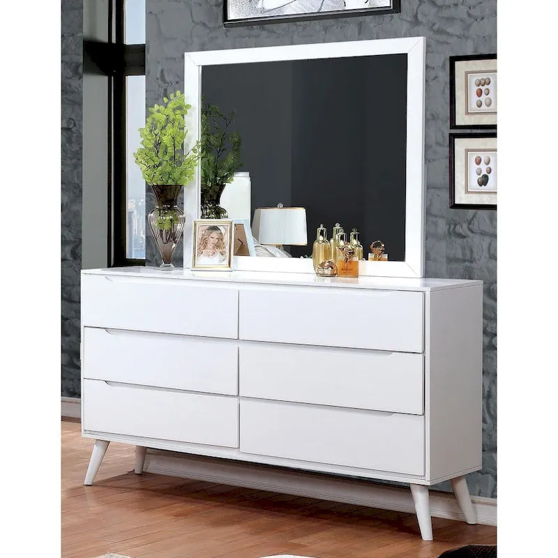 Comò Fopp a 6 cassetti e specchio, set 2 pezzi, stile moderno di metà secolo, di Furniture of America