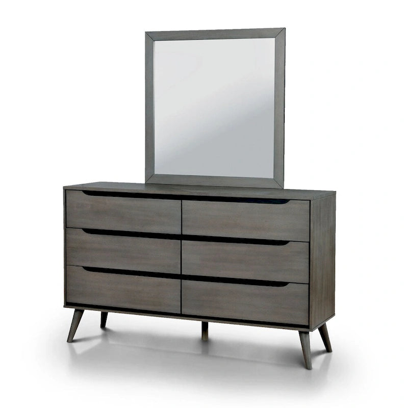 Comò Fopp a 6 cassetti e specchio, set 2 pezzi, stile moderno di metà secolo, di Furniture of America