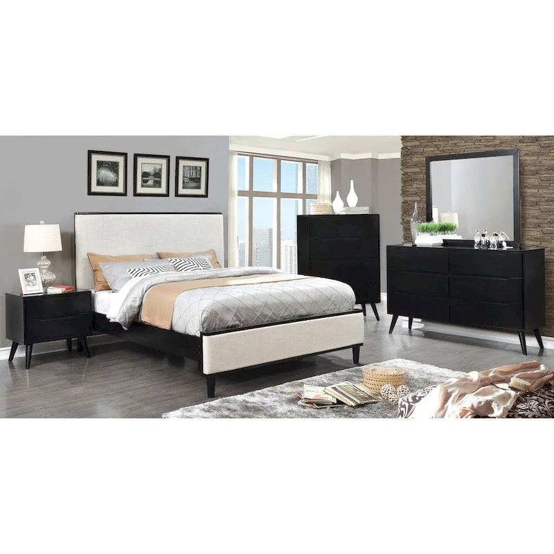Comò Fopp a 6 cassetti e specchio, set 2 pezzi, stile moderno di metà secolo, di Furniture of America