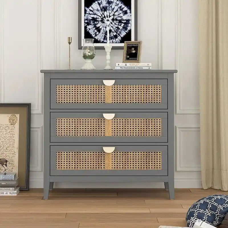 Mobiletto contenitore in rattan a 3 cassetti per camera da letto e soggiorno