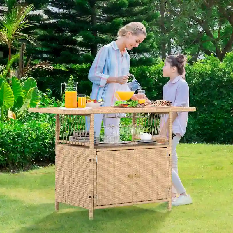 Mobile Moasis Armadietto da Esterno in Rattan con Tavolo da Bar da Giardino e Piano in Legno, 128P x 53L x 86A cm