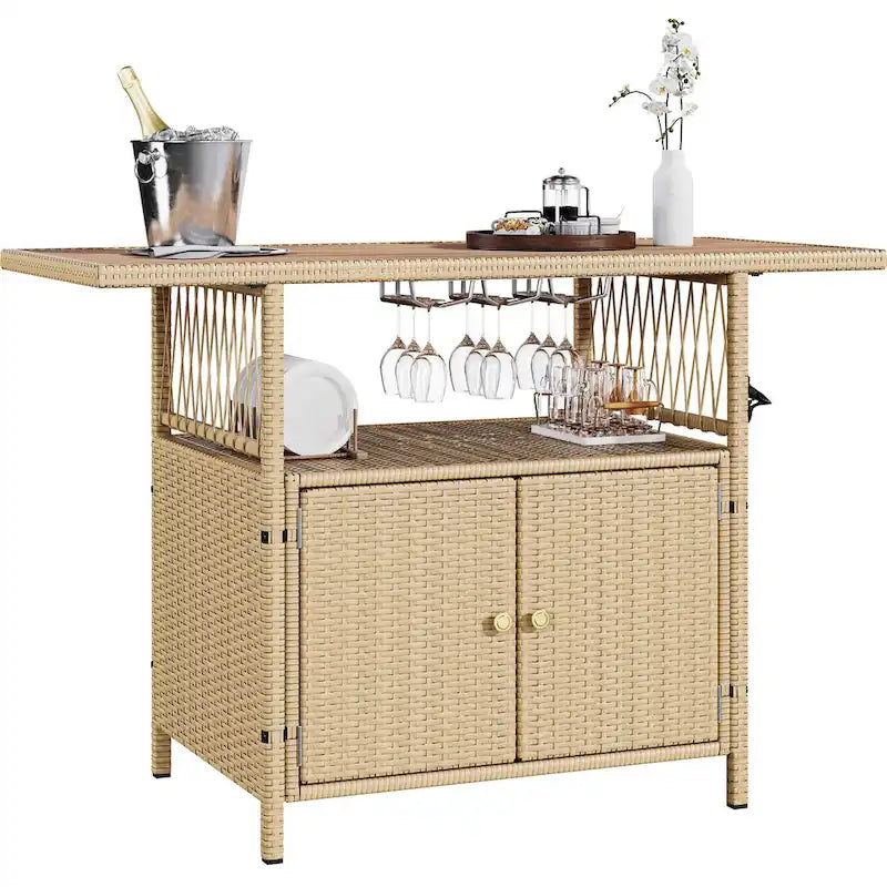 Mobile Moasis Armadietto da Esterno in Rattan con Tavolo da Bar da Giardino e Piano in Legno, 128P x 53L x 86A cm