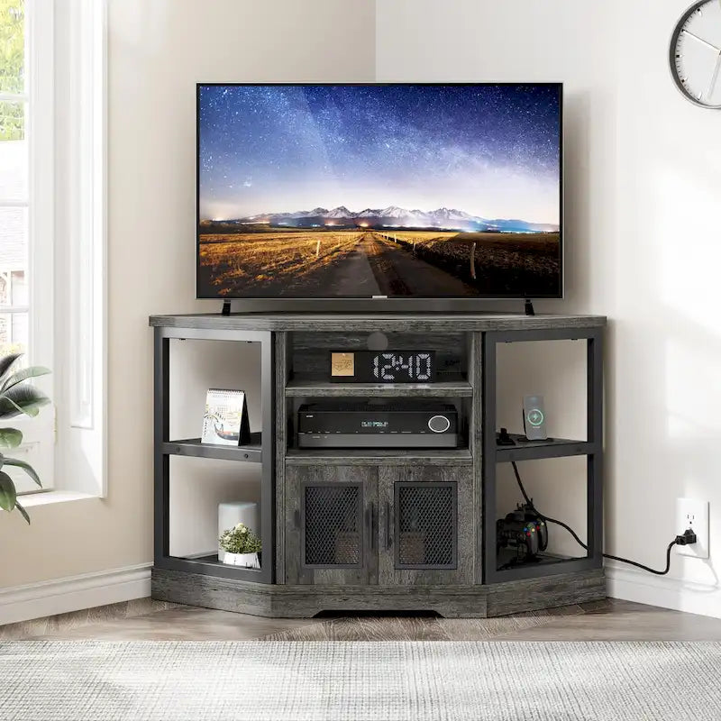 Mobili porta TV ad angolo in legno Moasis Farmhouse per TV fino a 55 pollici, console TV e centro di intrattenimento