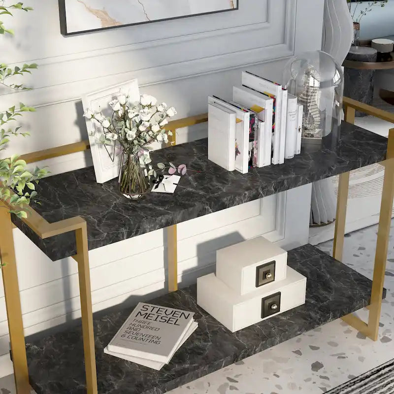 Tavolino da divano Lovell Glam Gold and Black da 51 pollici in finto marmo a 1 ripiano di Furniture of America