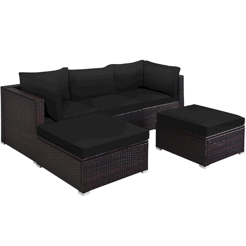 Set di mobili da giardino in rattan da 5 pezzi, set conversazione sezionale nero