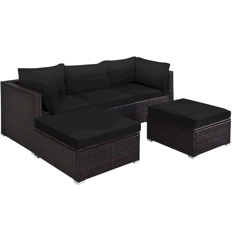 Set di mobili da giardino in rattan da 5 pezzi, set conversazione sezionale nero
