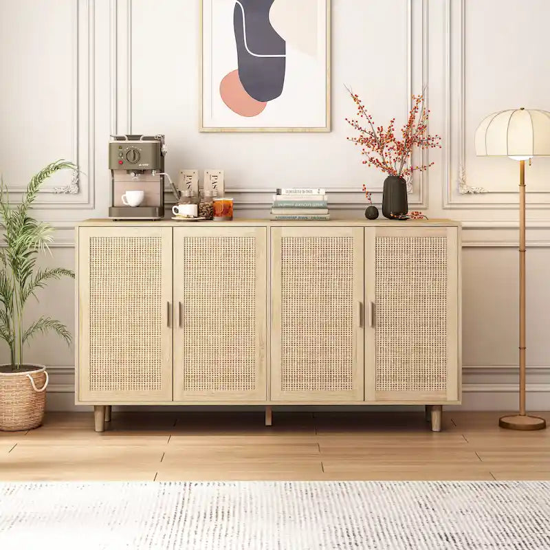 Credenza funzionale a 4 ante in rattan decorativo
