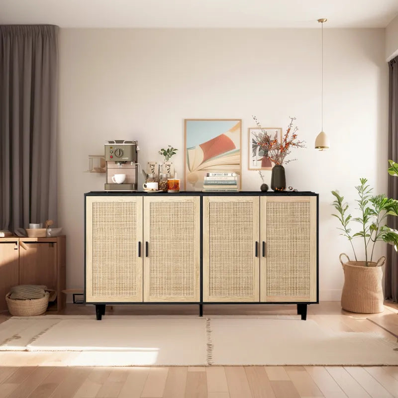 Meuble de rangement décoratif fonctionnel en rotin à 4 portes
