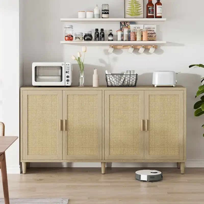 Credenza funzionale a 4 ante in rattan decorativo