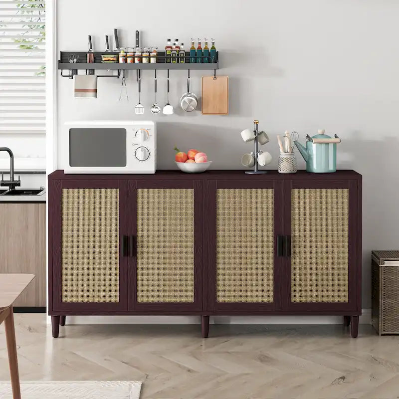 Credenza funzionale a 4 ante in rattan decorativo